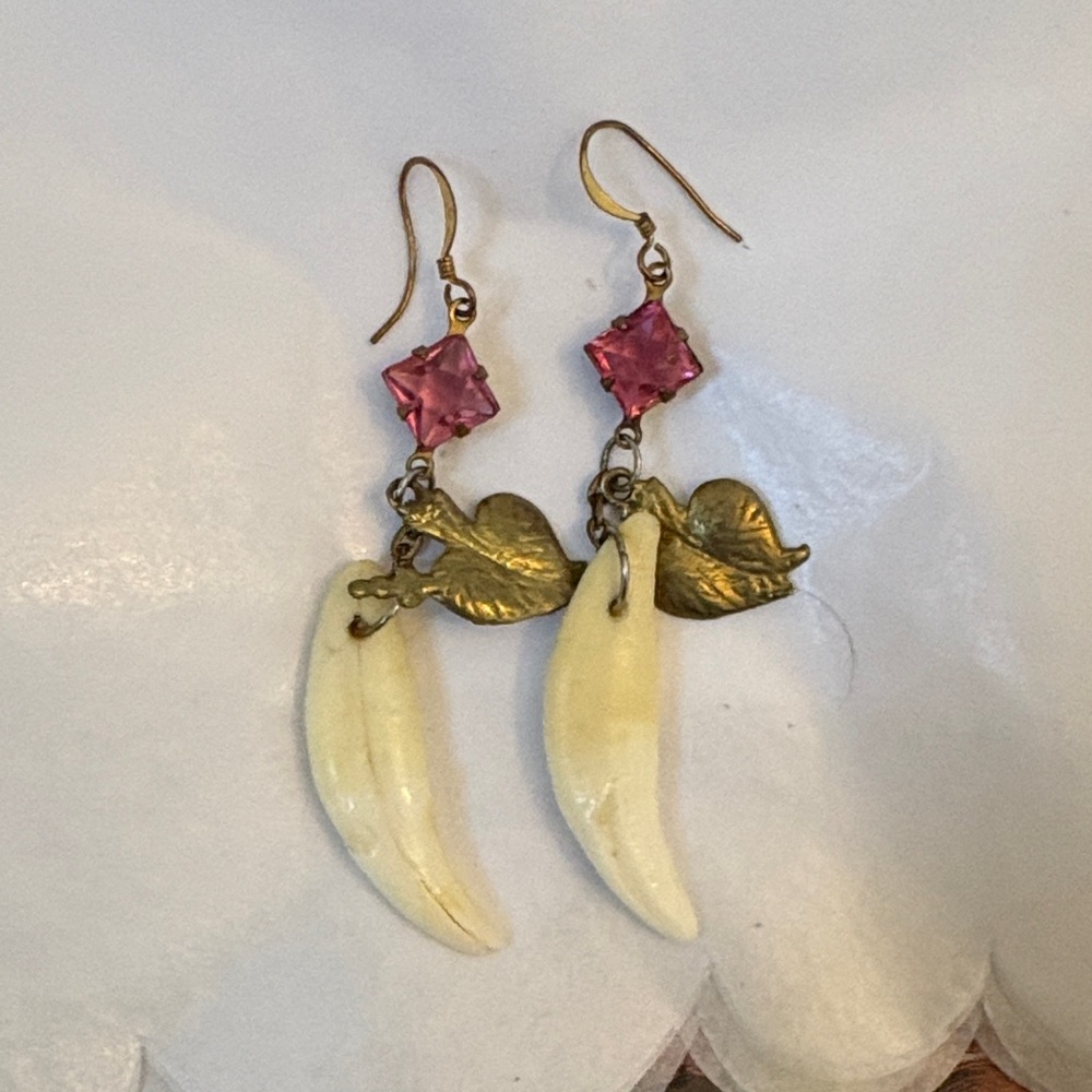 Real Coyote Fang Pink Stone and Gold Leaf Earrings
